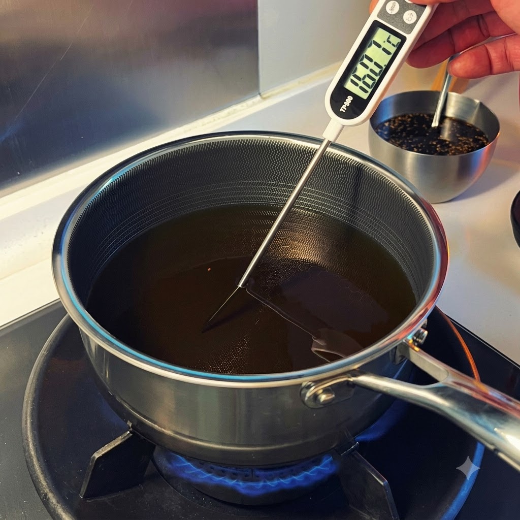 Un termómetro digital para carne midiendo el aceite caliente dentro de una olla de metal profunda en el quemador de una estufa.