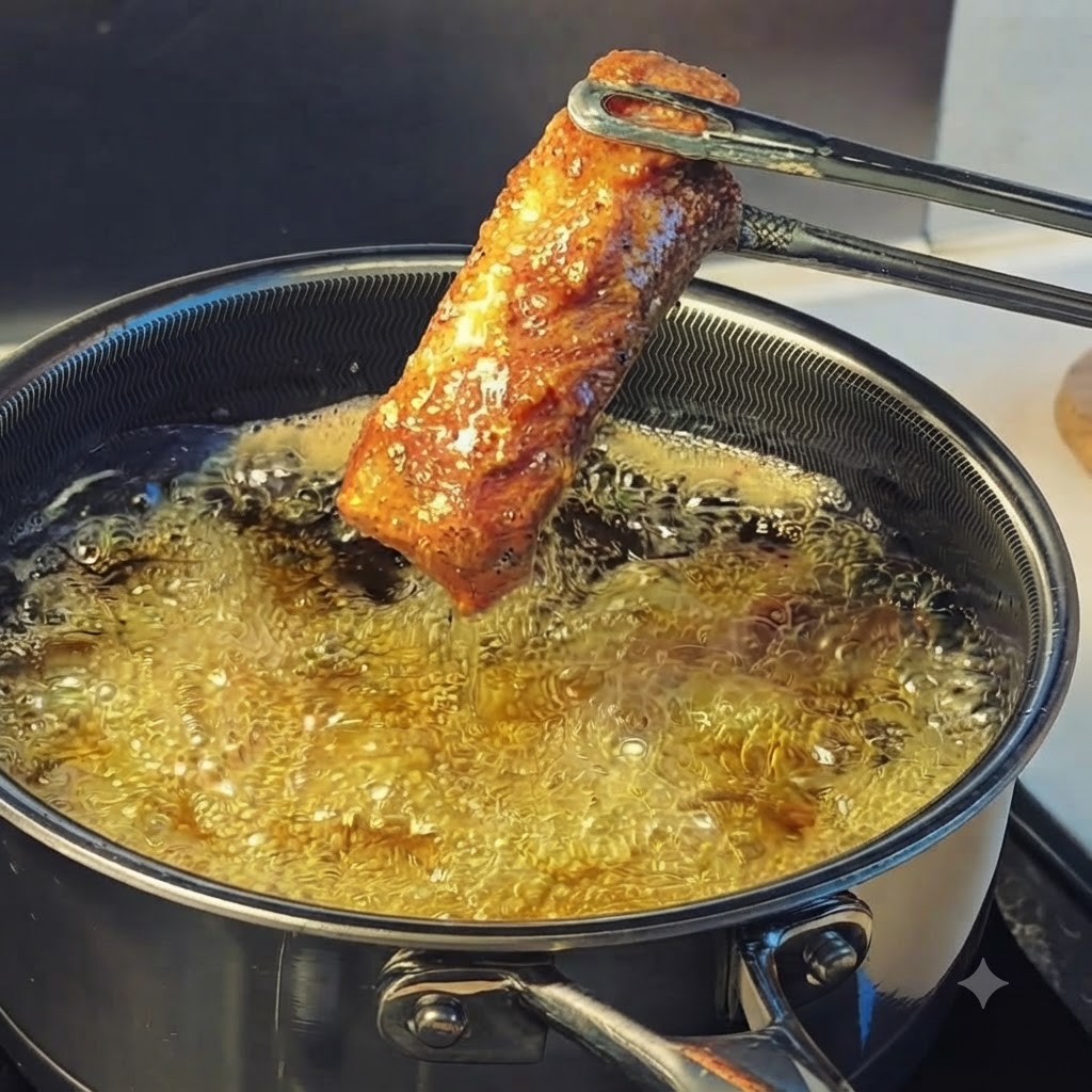 Una sola pieza de costilla de cerdo frita de color marrón dorado sostenida sobre aceite caliente burbujeante con pinzas de metal.