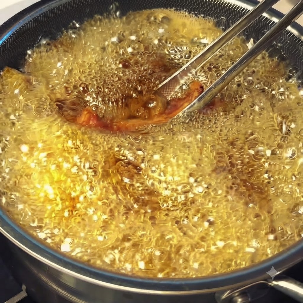 Costillas de cerdo sumergiéndose en aceite caliente burbujeante durante la etapa de refrito a alta temperatura.