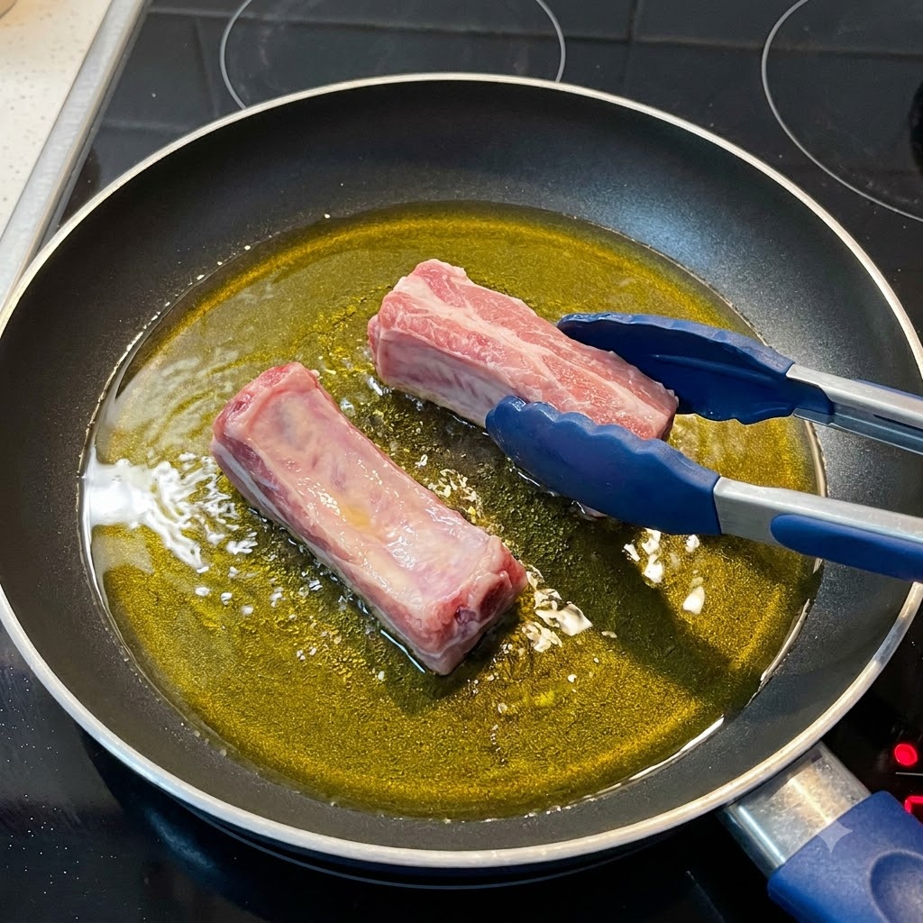 Pinzas de silicona azul colocando trozos de costillas de cerdo marinadas en una sartén caliente con aceite de oliva.