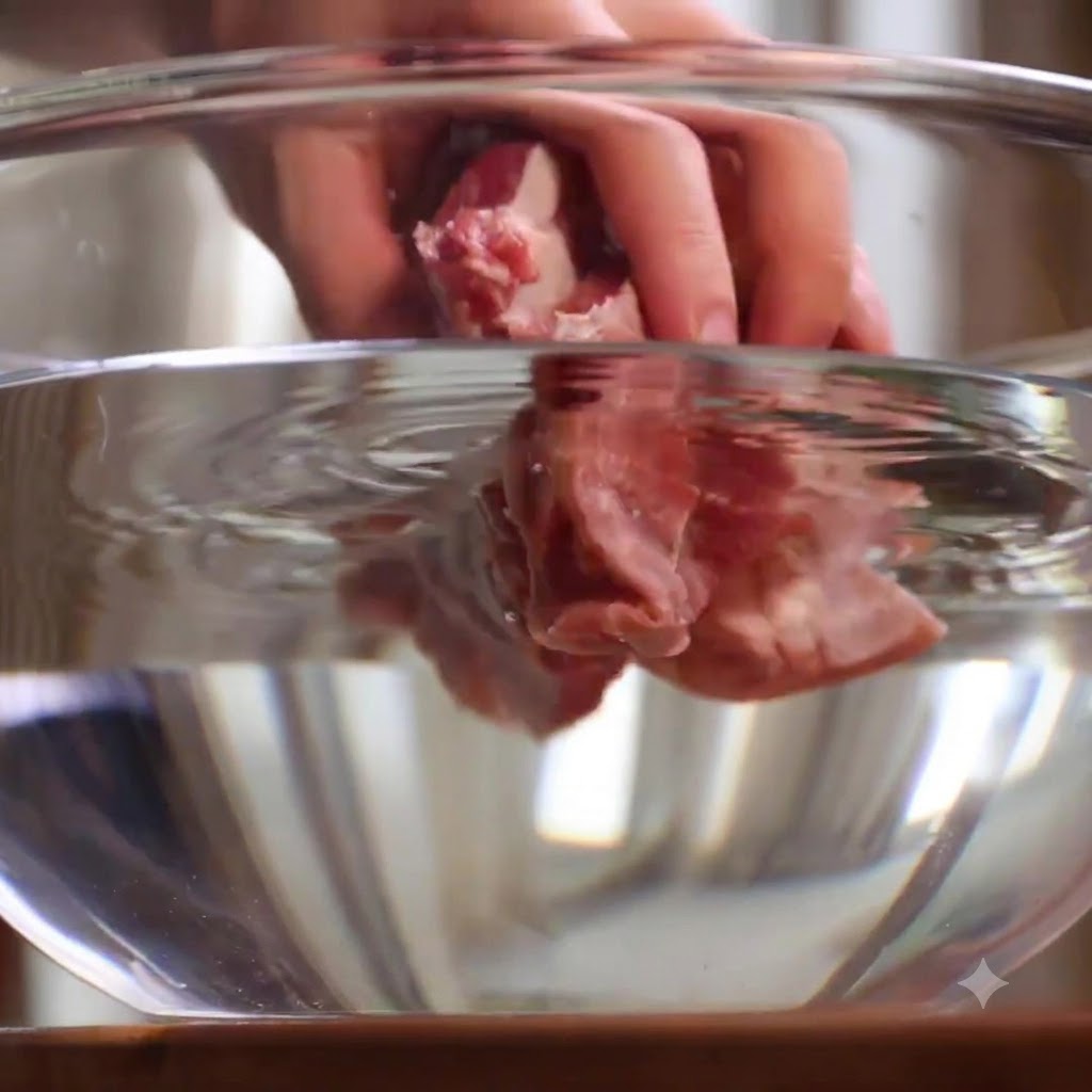 Costillas de cerdo frescas sumergidas en un bol de cristal transparente lleno de agua limpia.