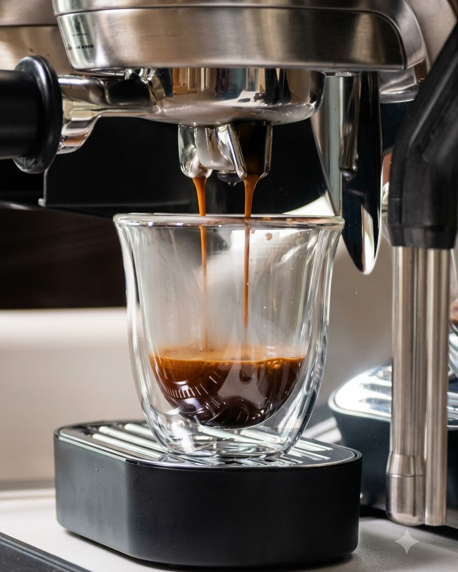 Flujos de rico espresso saliendo del portafiltro de una cafetera hacia una taza de cristal de doble pared.