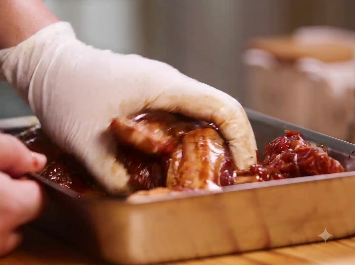 Manos con guantes masajeando adobo oscuro y espresso en costillas de cerdo dentro de un recipiente metálico.