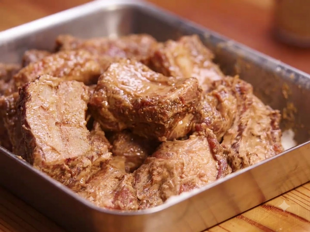 Costillas de cerdo marinadas cubiertas con una capa de mezcla de almidón de maíz y harina dentro de una bandeja.