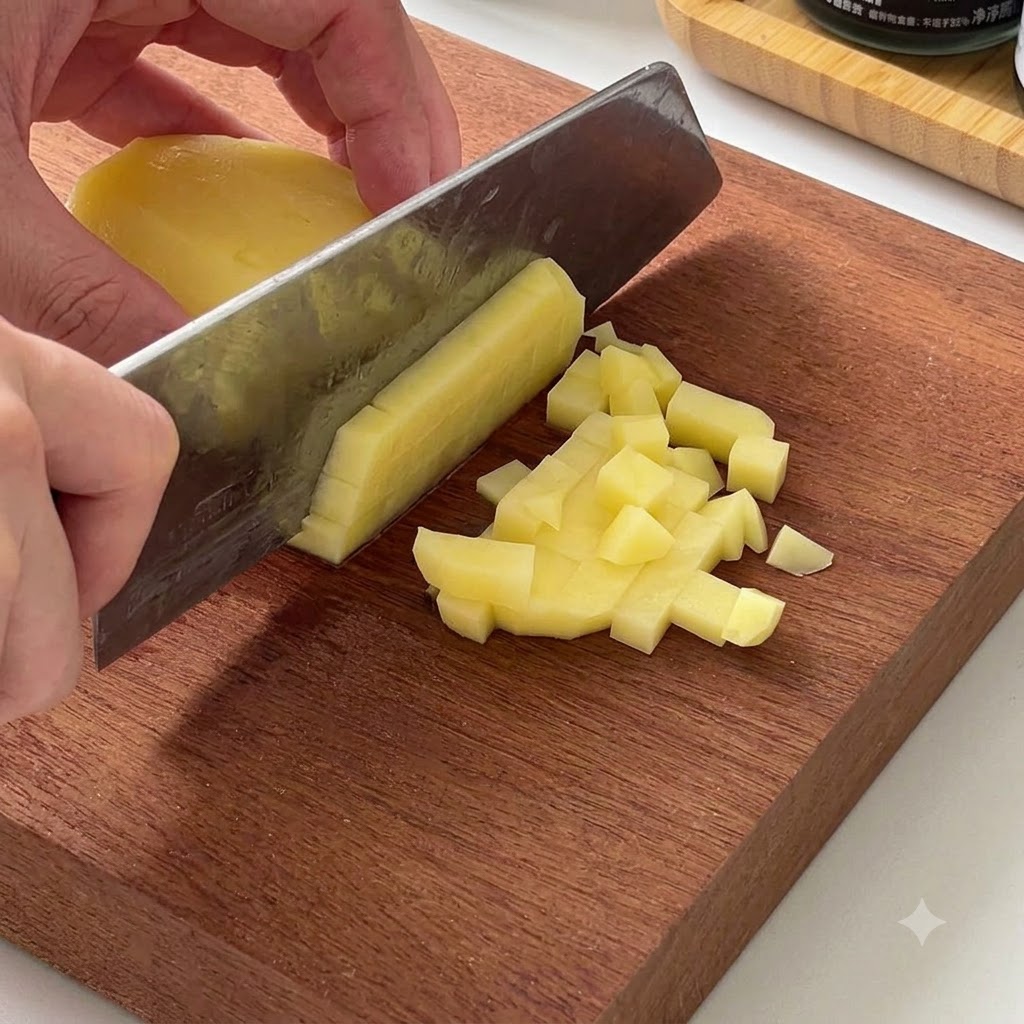 Una papa amarilla pelada siendo cortada en cubos pequeños con un cuchillo de chef en una tabla de cortar de madera.
