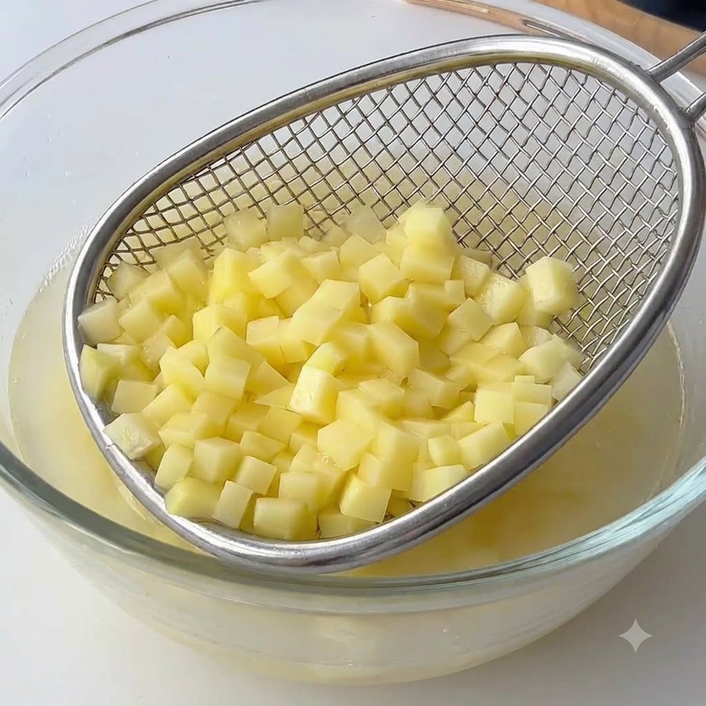 Papas en cubitos siendo vertidas en una sartén blanca donde la mantequilla se está derritiendo.