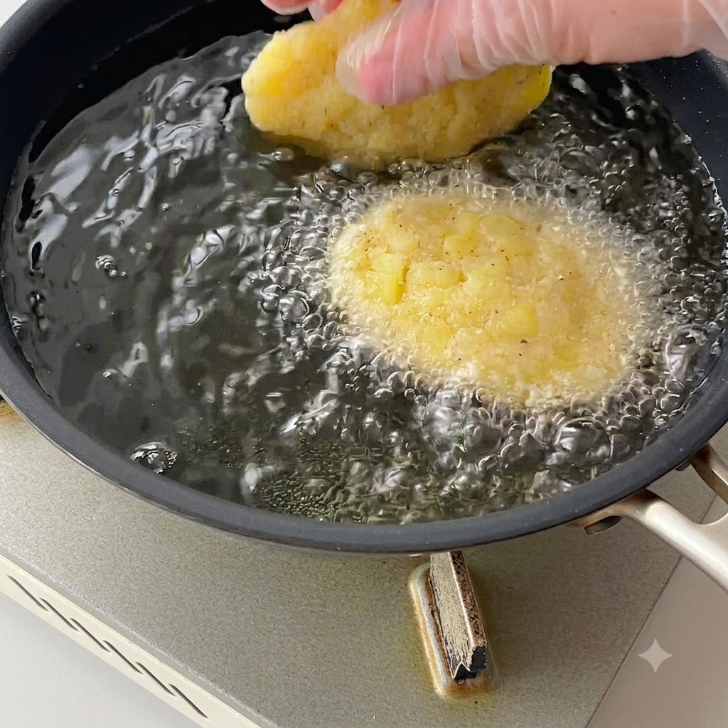 Tortitas de papa moldeadas siendo colocadas en aceite caliente burbujeante en una sartén.