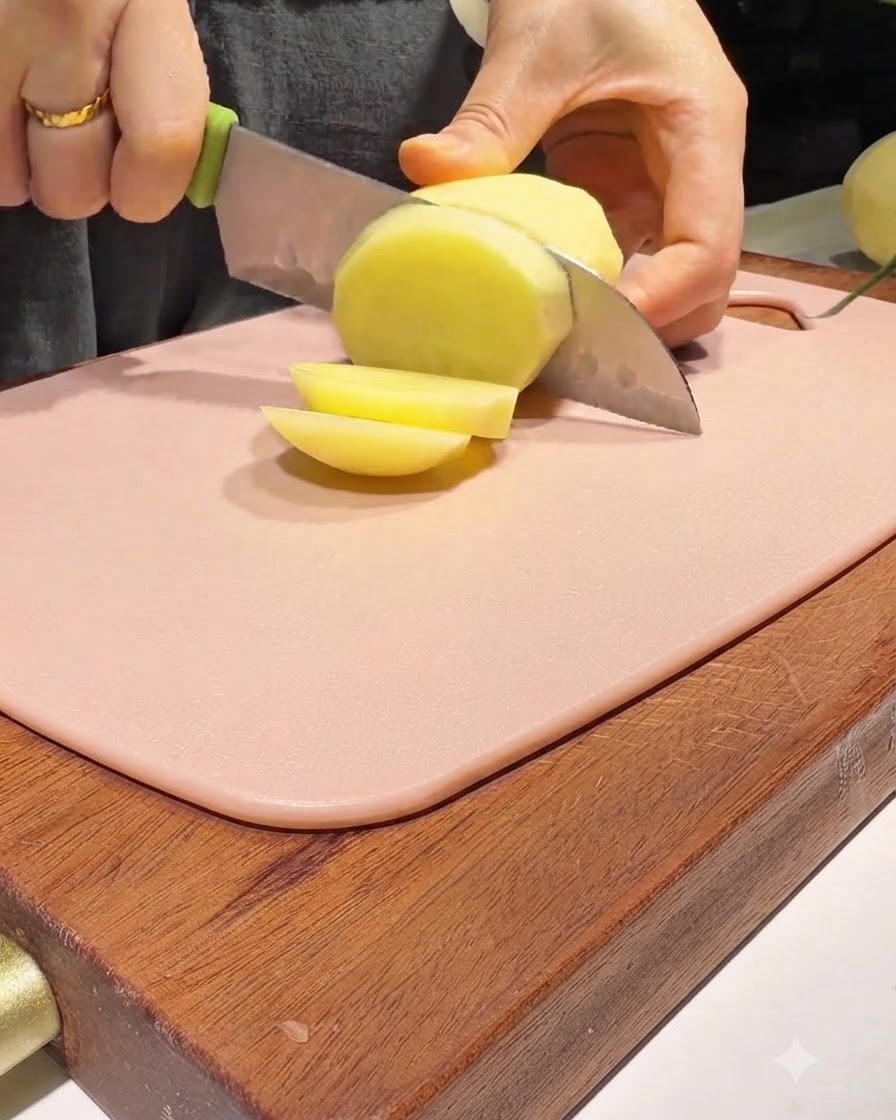 Un cuchillo de cocina cortando una patata pelada en rodajas circulares gruesas sobre una tabla de cortar rosa.