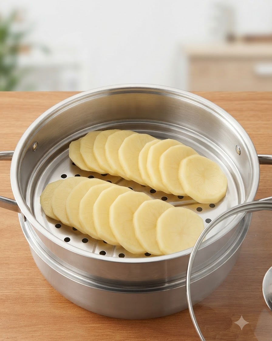 Rodajas de patata gruesas dispuestas ordenadamente dentro de una cesta vaporera de acero inoxidable.