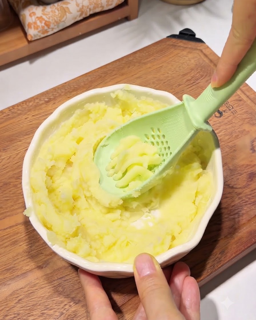 Polvo de almidón siendo mezclado en patatas machacadas dentro de un bol usando utensilios.
