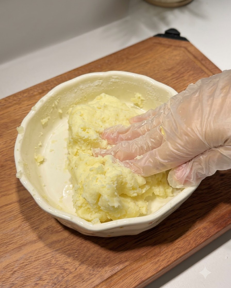 Manos con guantes de plástico amasando una mezcla de patata y almidón dentro de un bol de cerámica.