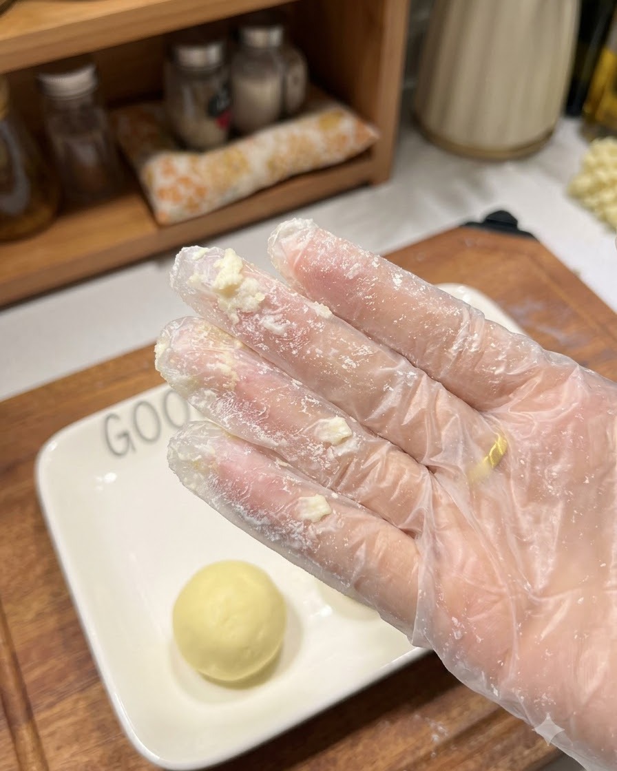 Una pequeña bola redonda y uniforme de masa de patata descansando sobre un plato blanco cuadrado junto a una mano enguantada cubierta de almidón.
