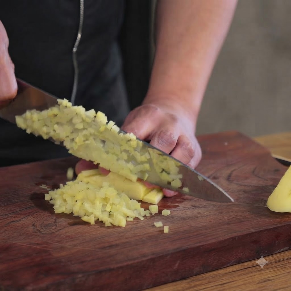 Un cuchillo de cocina cortando patatas peladas en trozos pequeños sobre una tabla de madera.