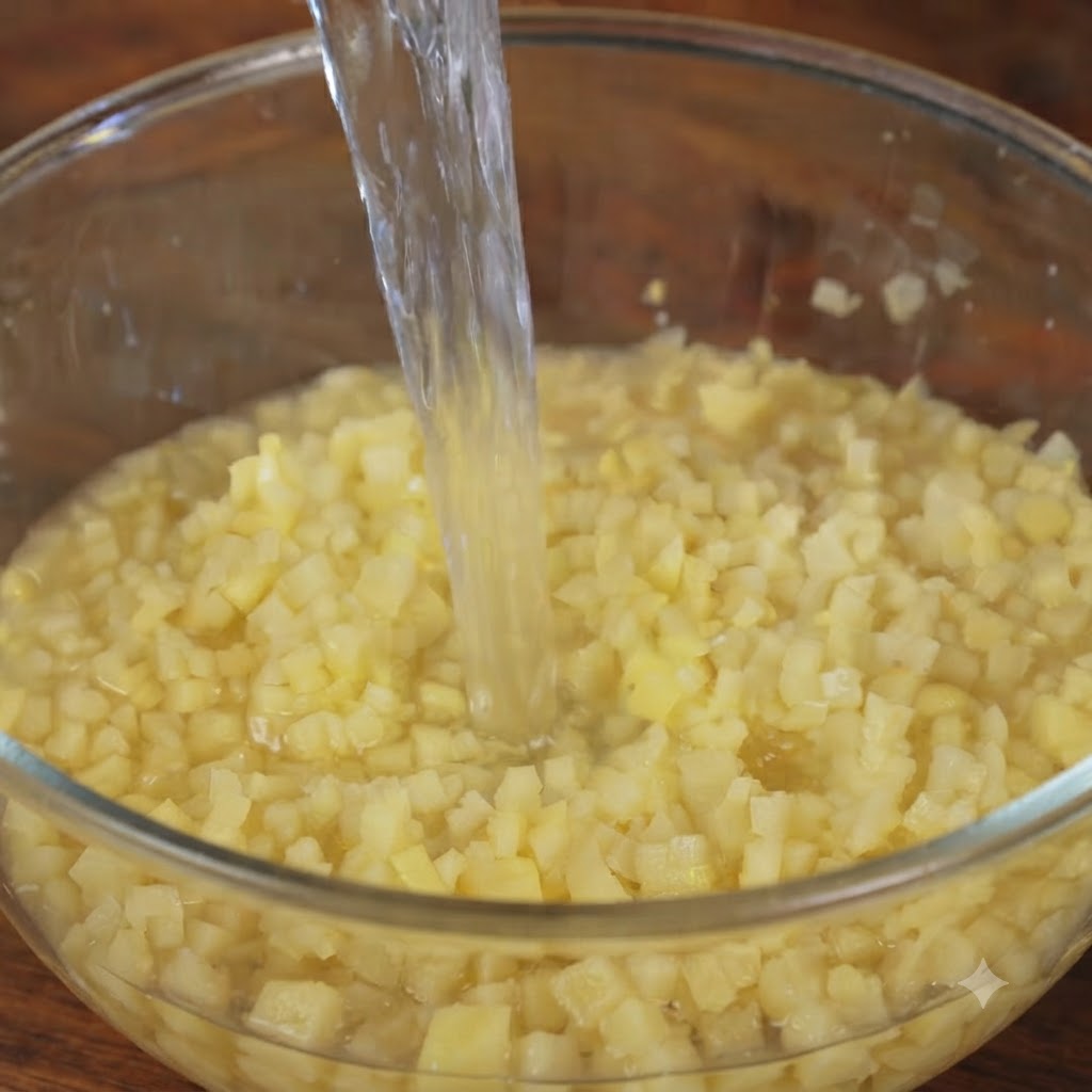 Agua siendo vertida en un bol lleno de patatas picadas para enjuagarlas.