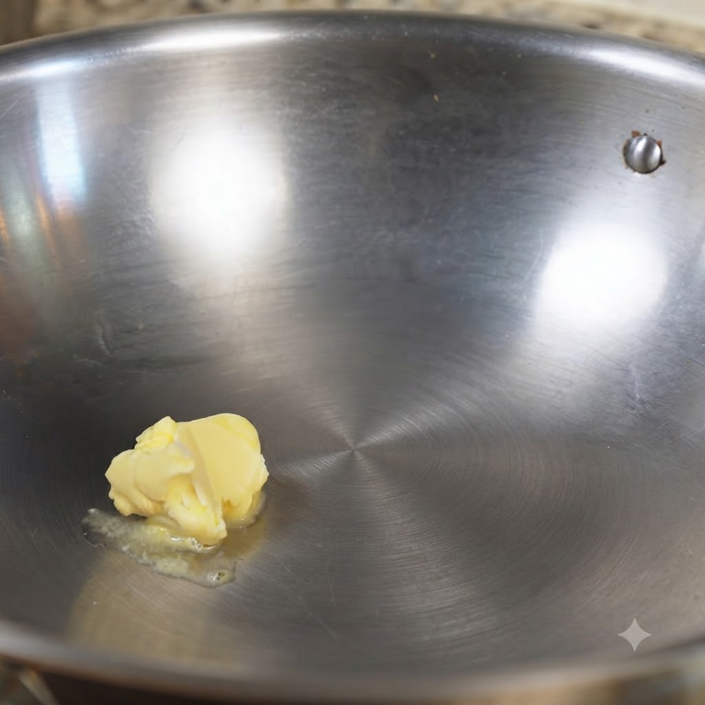 Un trozo de mantequilla amarilla derritiéndose en un wok de acero inoxidable.