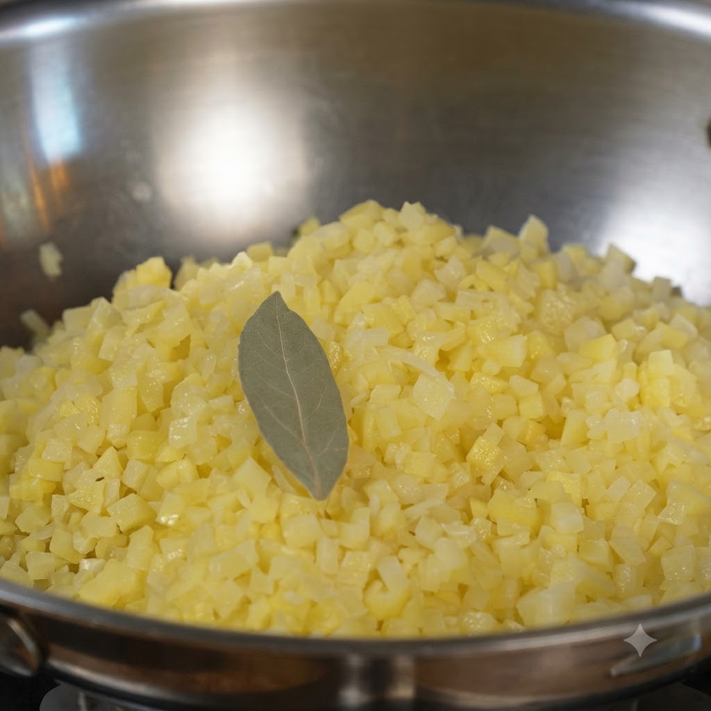Dados de patata salteándose en una sartén con una hoja de laurel, pimienta negra y sal.