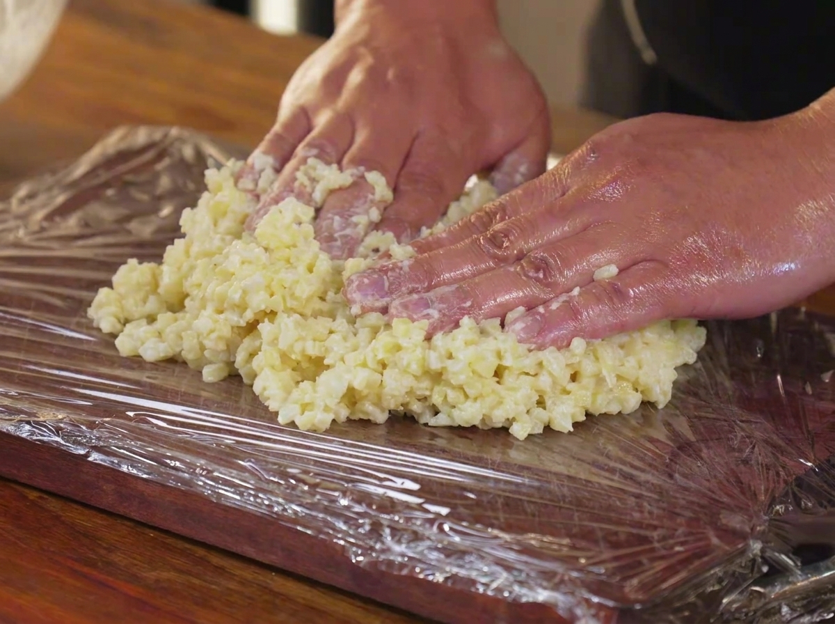 Manos aplanando la mezcla de patata picada y maicena sobre una tabla de cortar de madera envuelta en plástico.