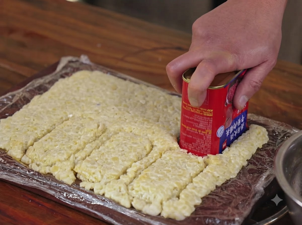 Una mano usando un envase de metal de comida en conserva para cortar formas rectangulares de hash brown de la capa de patata aplanada.