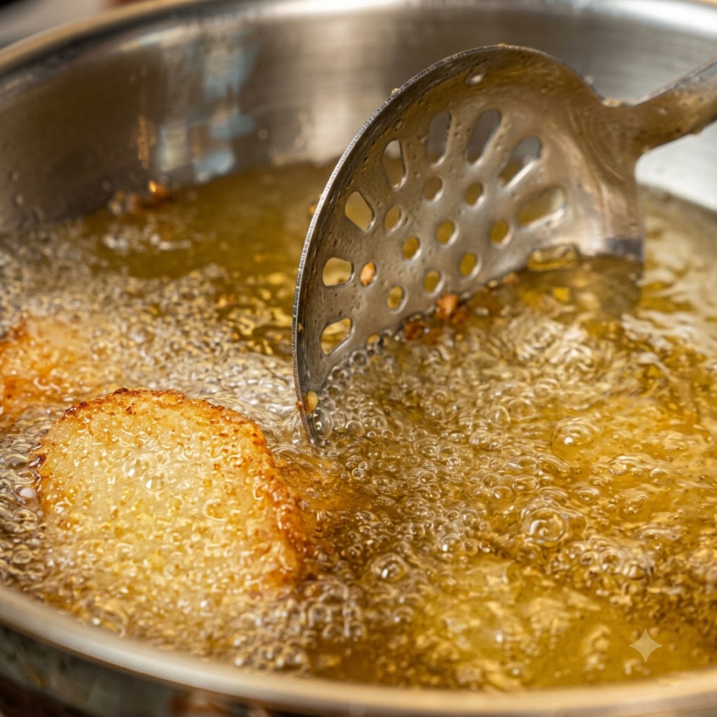 Una espumadera levantando una tortita de hash brown dorada y crujiente fuera del aceite de cocina hirviendo en un wok.