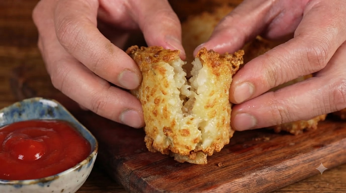 Patatas hash browns caseras recién fritas separadas para mostrar el exterior crujiente y el interior tierno de patata, servidas con salsa de tomate.