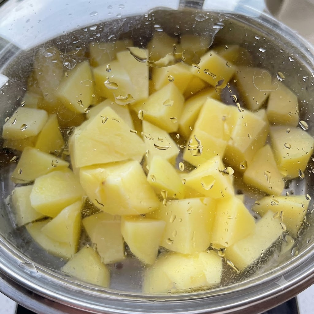 Trozos de papa cocinándose dentro de una olla de vidrio tapada con condensación de vapor en la tapa.