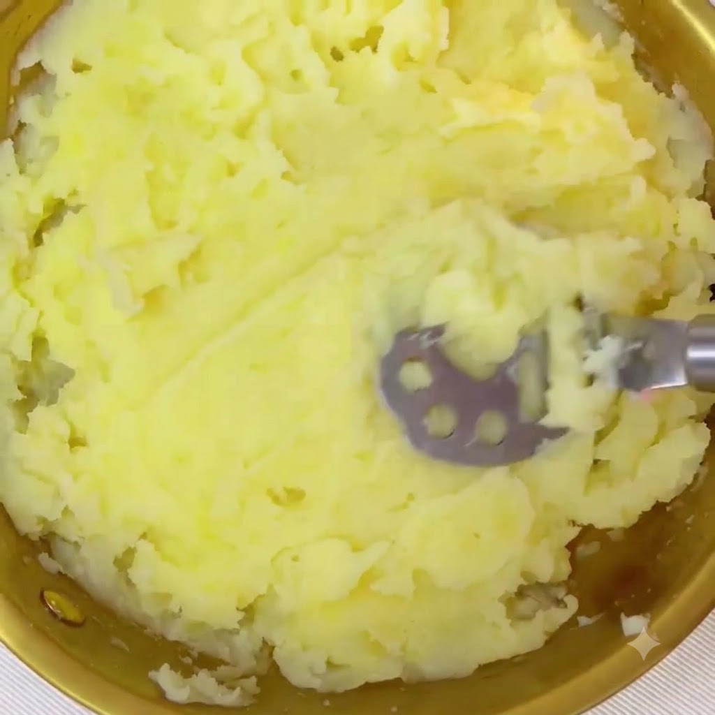 Papas trituradas transformándose en una textura suave dentro de un cuenco dorado usando un pisapapas manual.