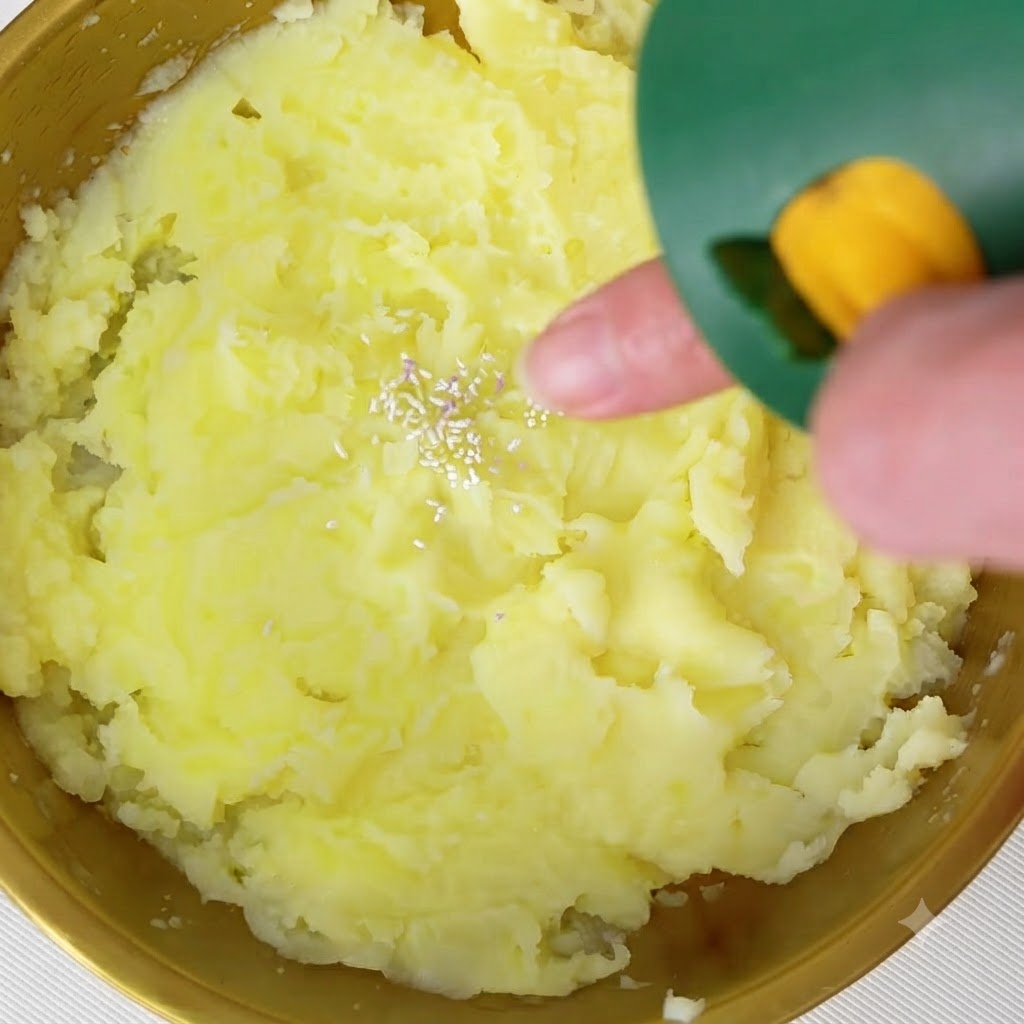 Sal de frutas y verduras siendo espolvoreada desde un envase verde sobre la superficie del puré de papa.