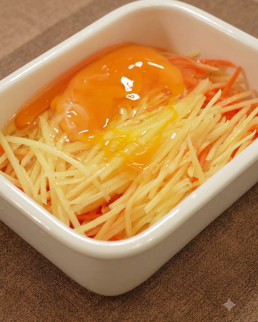 Huevos frescos cascados sobre las patatas y zanahorias ralladas dentro de un recipiente rectangular blanco.