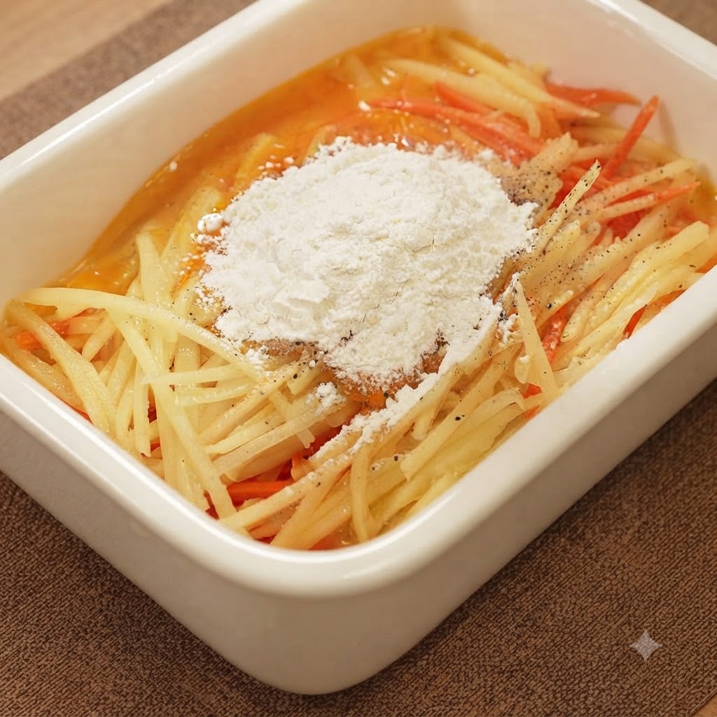 Un montón de harina blanca y condimentos colocado sobre las verduras ralladas y los huevos en un recipiente blanco.