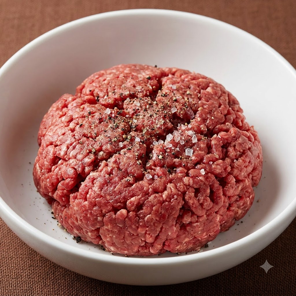 Un montón de carne picada cruda en un bol blanco, espolvoreada con pimienta negra y cristales de sal marina.