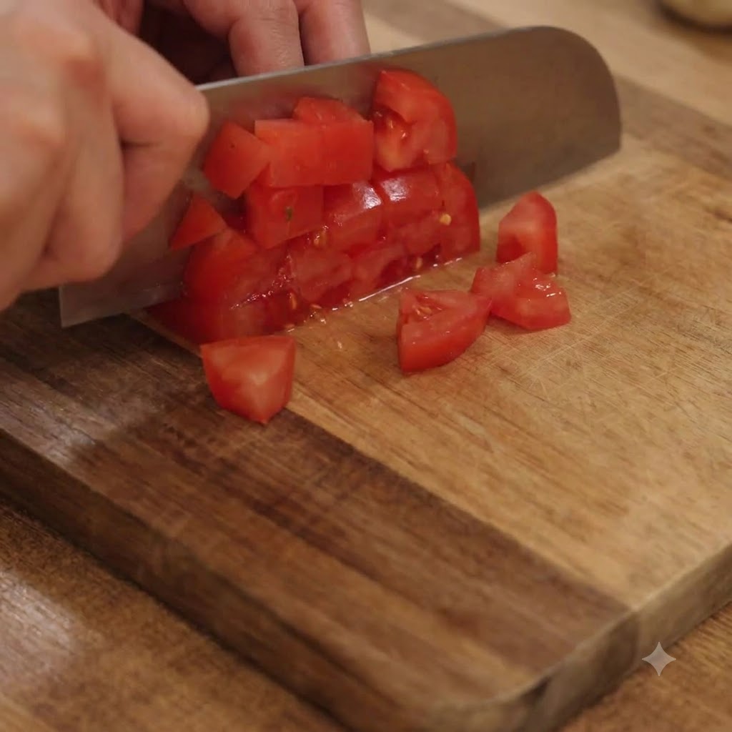 Una mano usando un cuchillo de cocina para cortar tomates rojos en pequeños cubos sobre una tabla de cortar de madera.