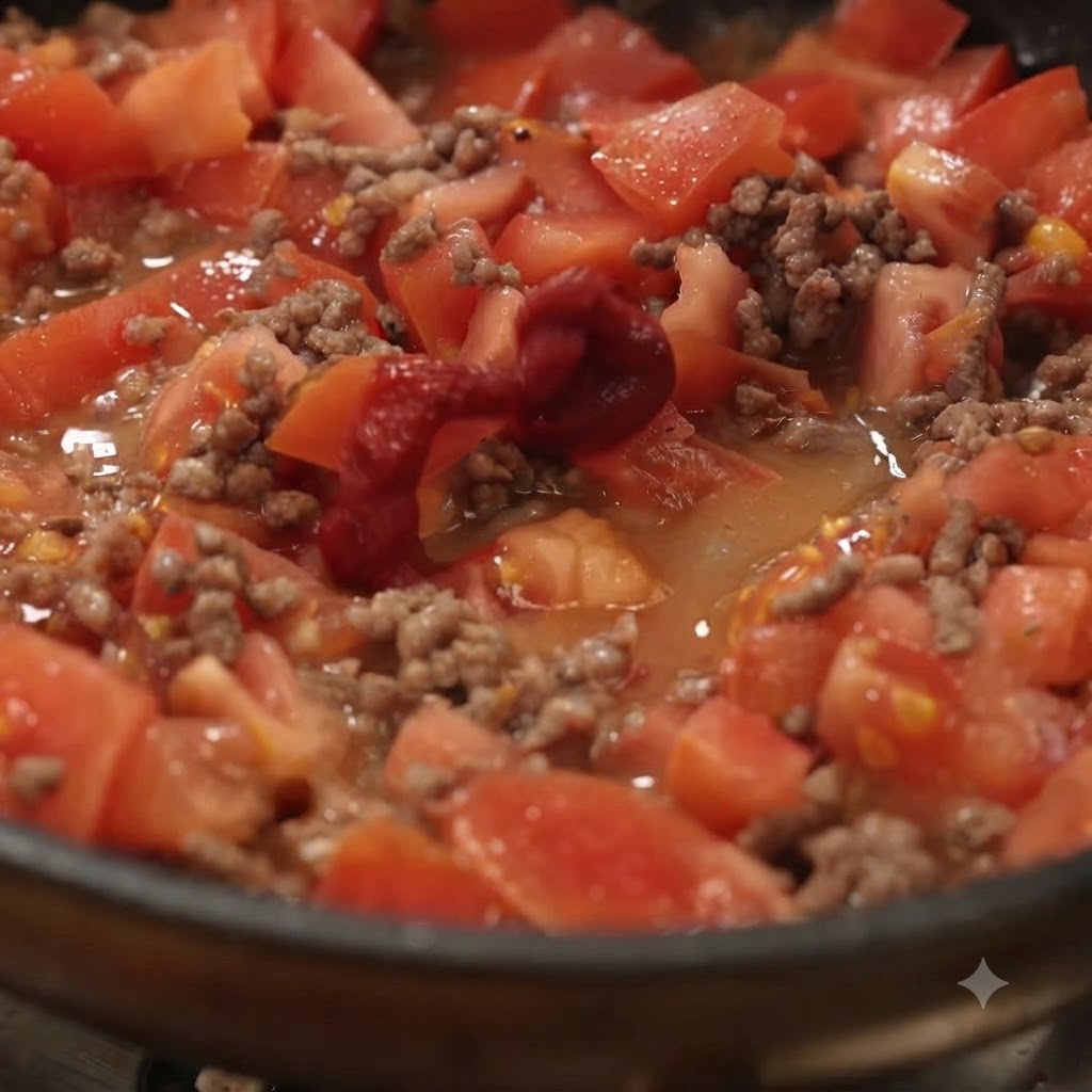 Tomates picados y pasta de tomate mezclados con la carne picada cocinada dentro de una sartén.