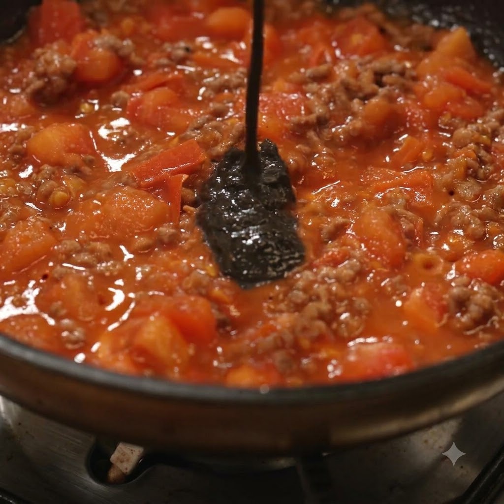 Salsa de trufa negra siendo revuelta en una salsa de tomate y carne picada a fuego lento dentro de una sartén.
