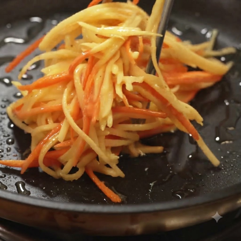Mezcla de patata y zanahoria rallada siendo colocada en una sartén caliente con aceite usando pinzas de cocina.