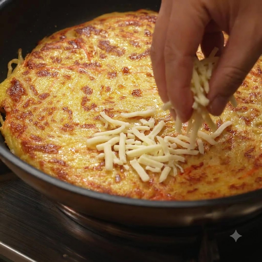 Una tortilla de patata dorada siendo volteada en una sartén utilizando un plato grande.