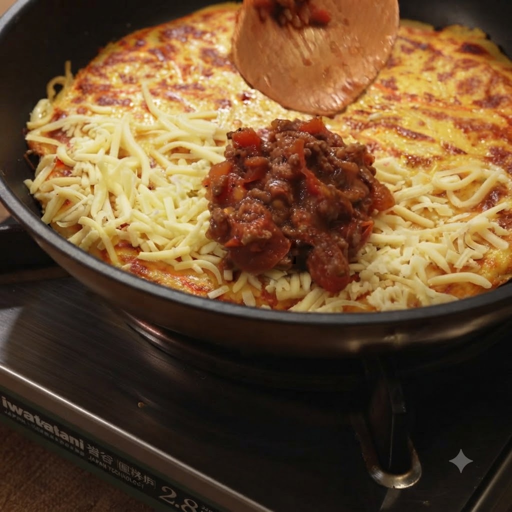 Queso rallado y salsa de tomate con carne siendo colocados sobre una mitad de una tortilla de patata en una sartén.