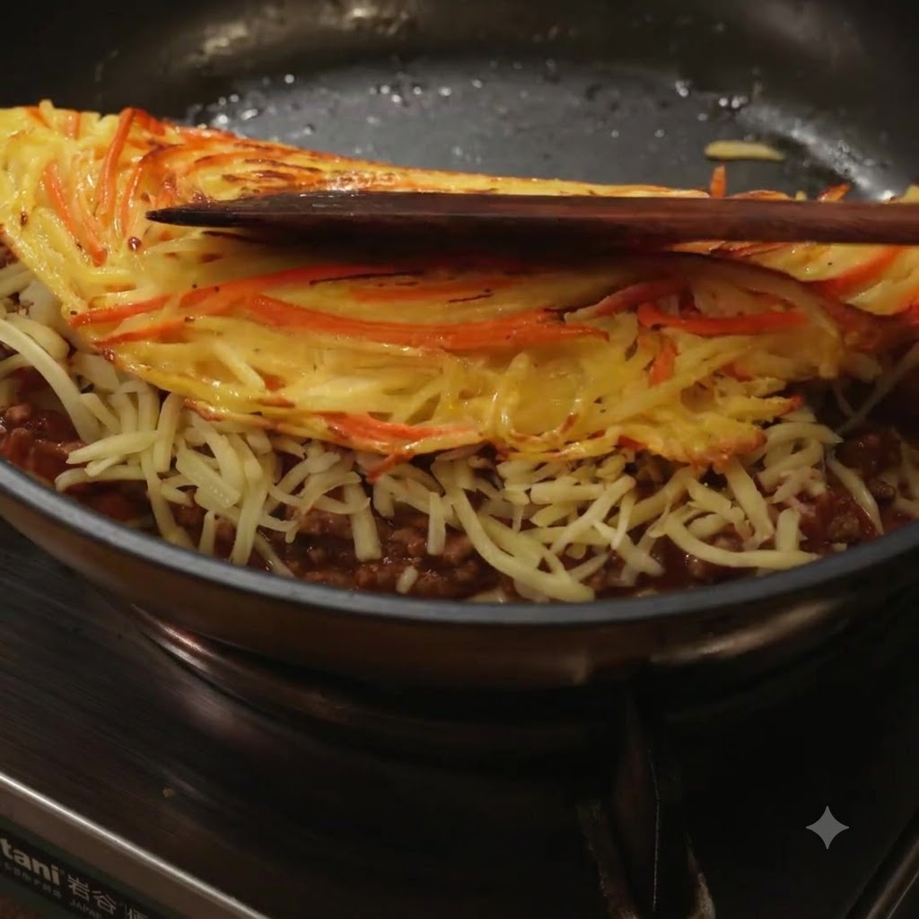 Una espátula doblando una tortilla de patata dorada por la mitad sobre una base de salsa de carne y queso fundido.