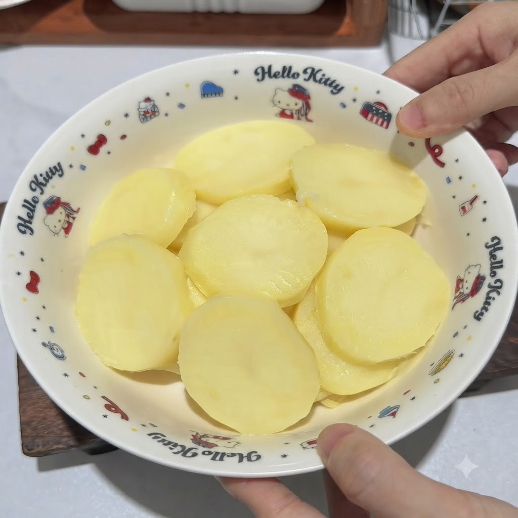 Patatas cocidas y peladas en un bol blanco con motivos decorativos siendo trituradas hasta formar un puré con un machacador de patatas metálico.
