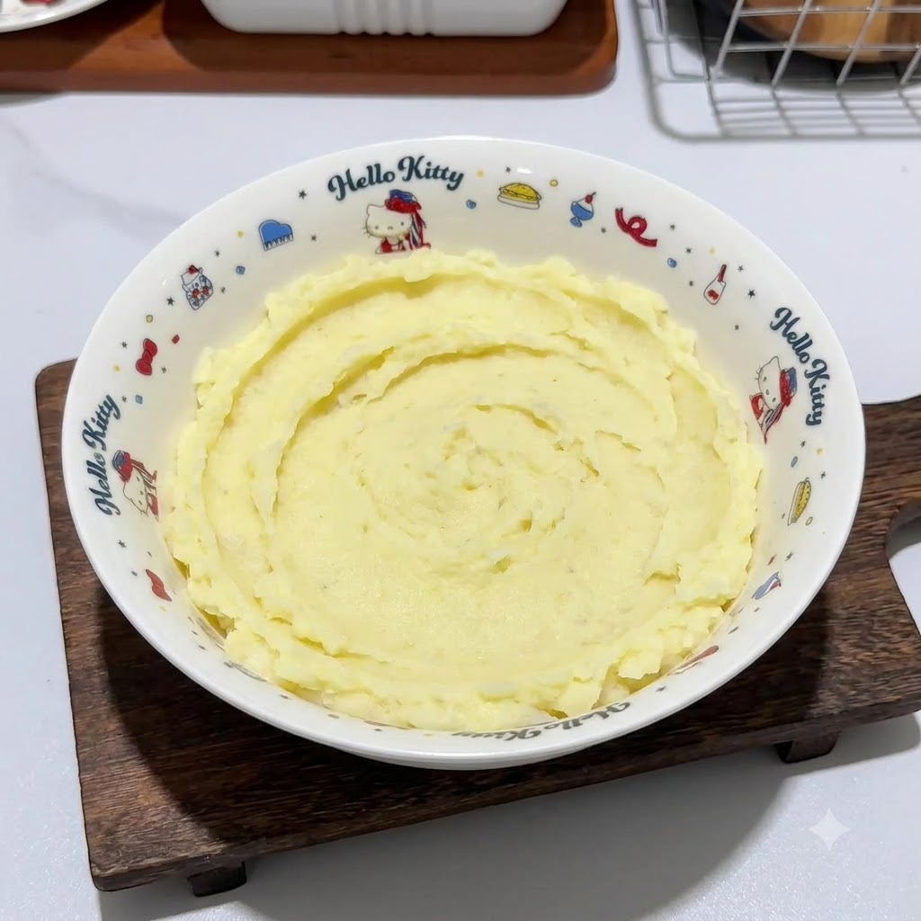 Trozo de salchicha de jamón rosa picada y fécula de maíz blanca siendo añadidas desde pequeños platos blancos al bol de puré de patata.