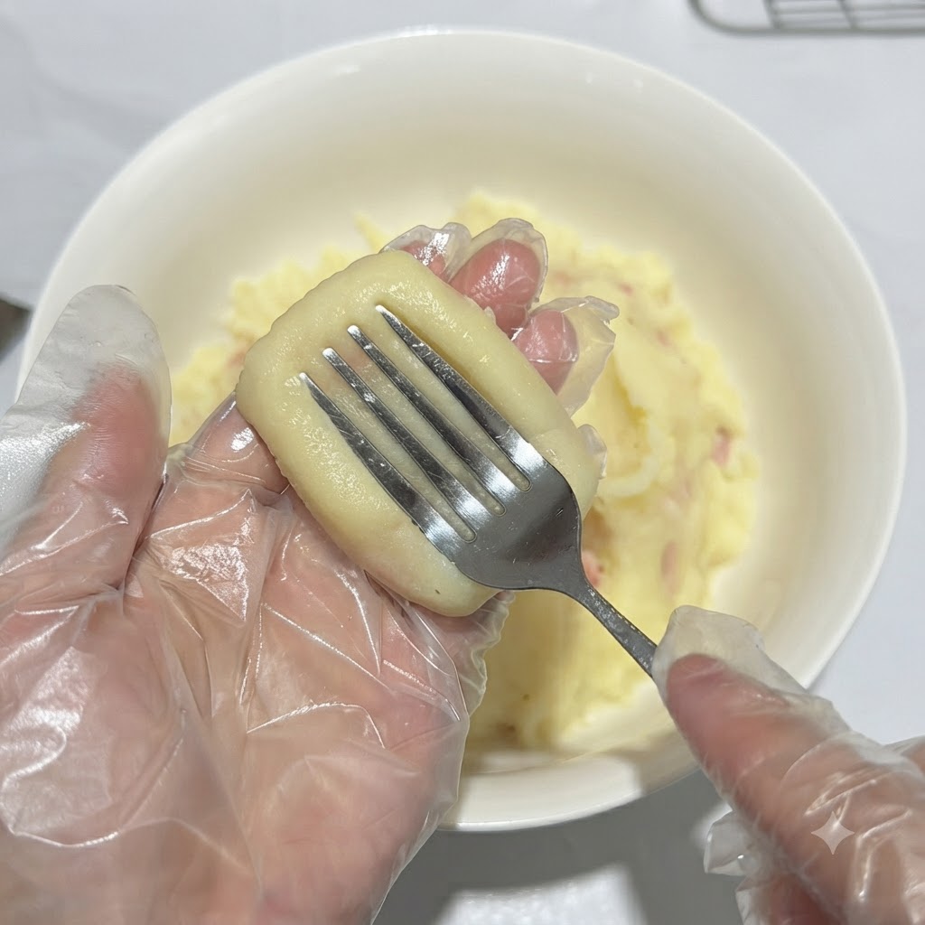 Un tenedor presionando hacia abajo sobre la tortita de patata rectangular para crear impresiones de rayas.