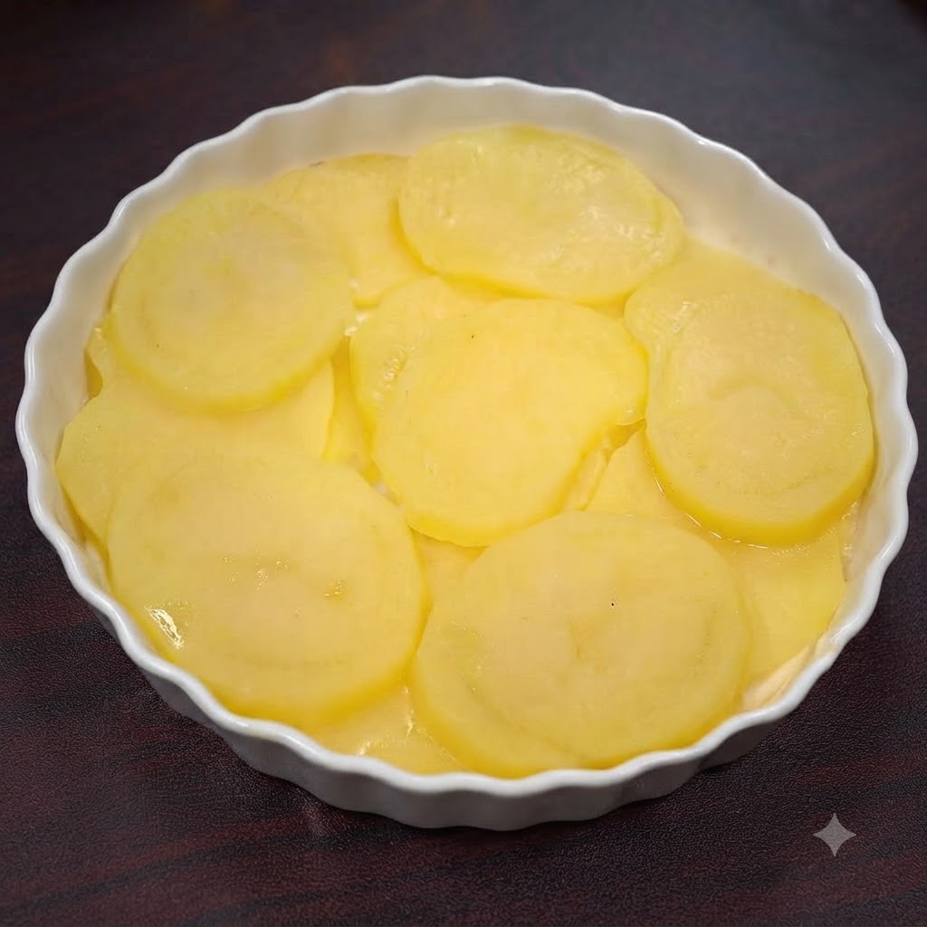 Rodajas de patata al vapor machacadas hasta quedar suaves dentro de un plato de cerámica blanco.