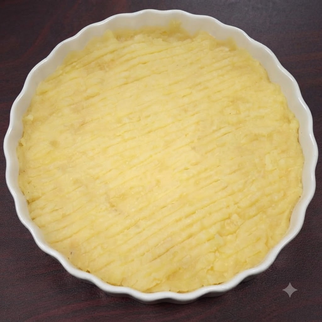 Puré de patatas en un plato blanco siendo sazonado y mezclado con un tenedor.