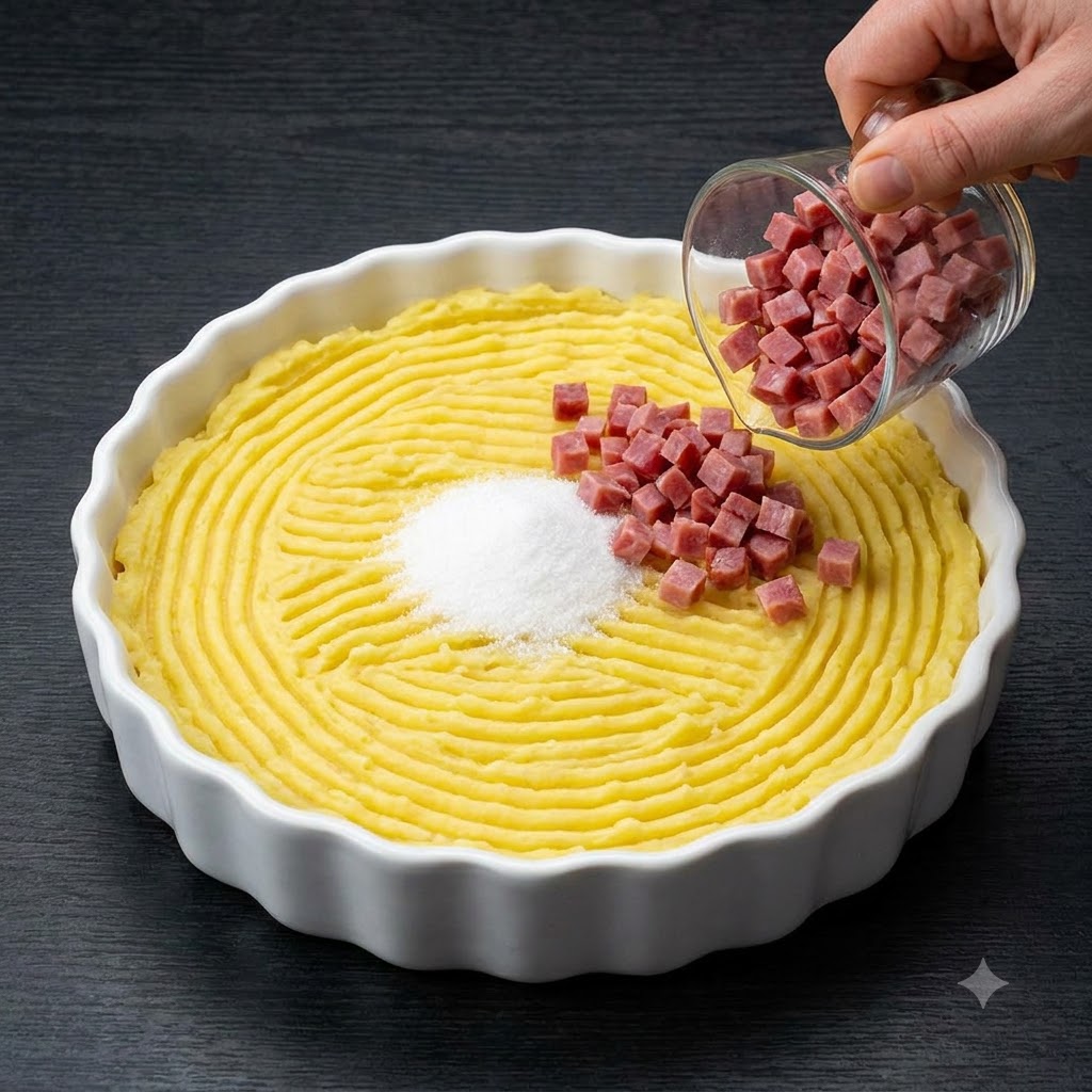 Jamón en dados cayendo desde una taza medidora de cristal sobre el puré de patatas sazonado.