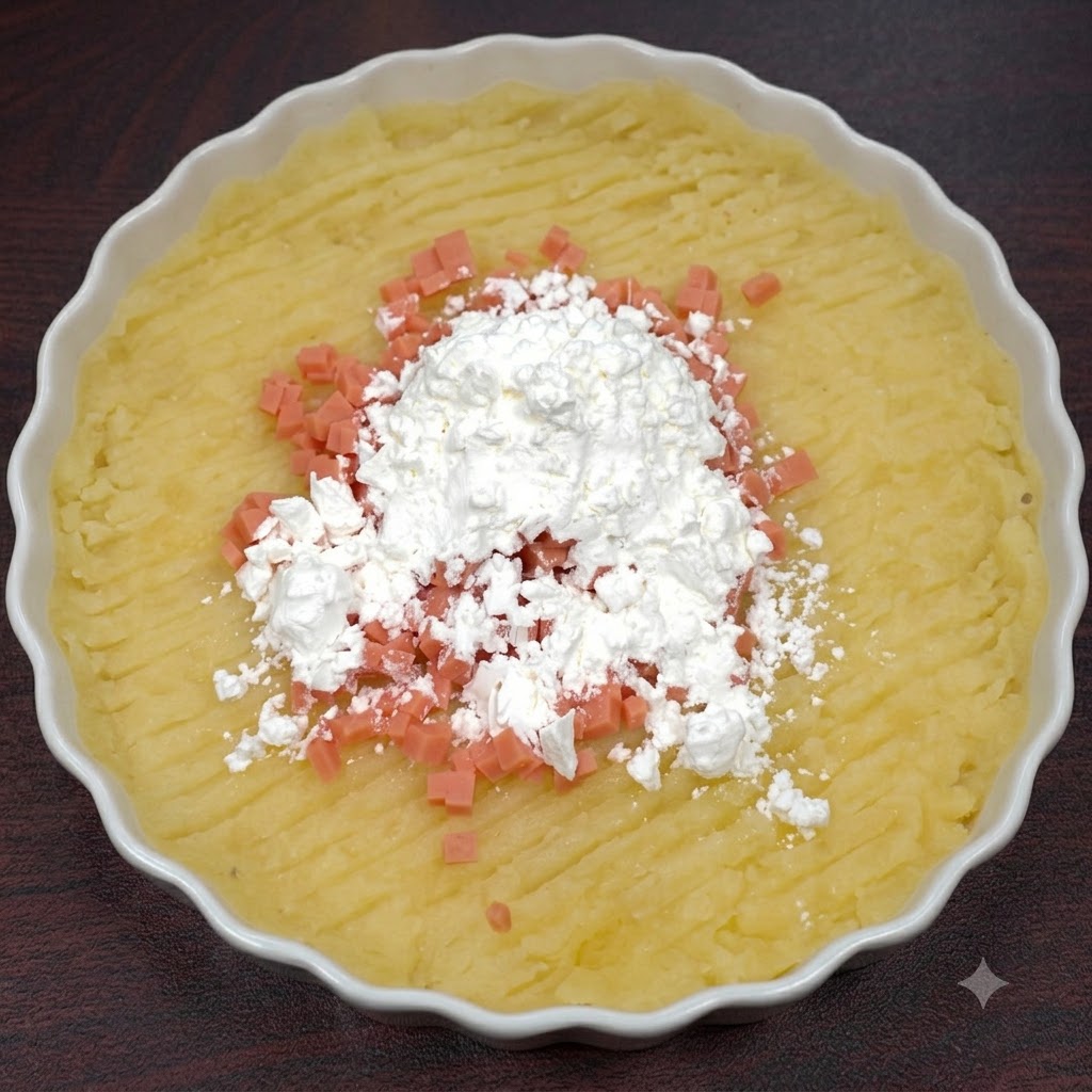Almidón blanco amontonado sobre el puré de patatas y el jamón en dados dentro de un plato blanco.