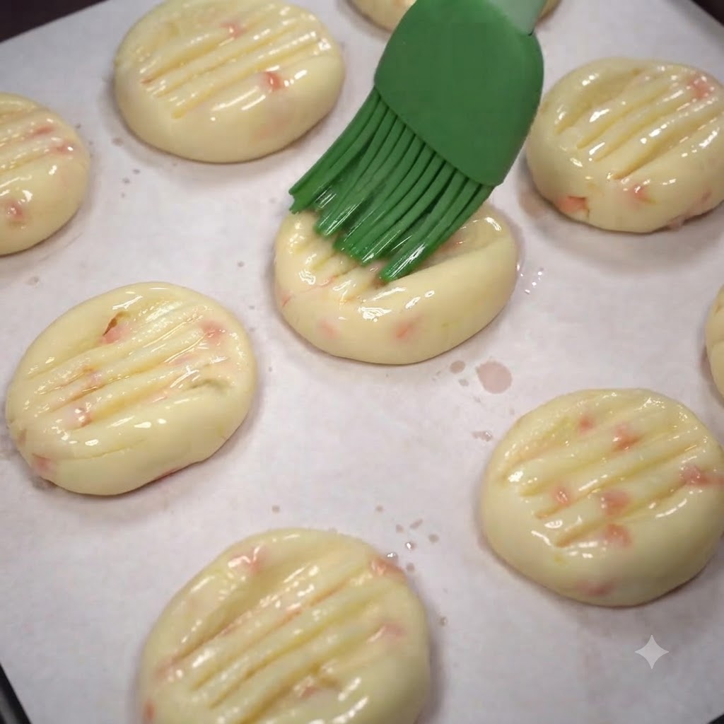 Una brocha de silicona verde aplicando aceite de cocina sobre una fila de tortitas de patata moldeadas en una bandeja de horno.