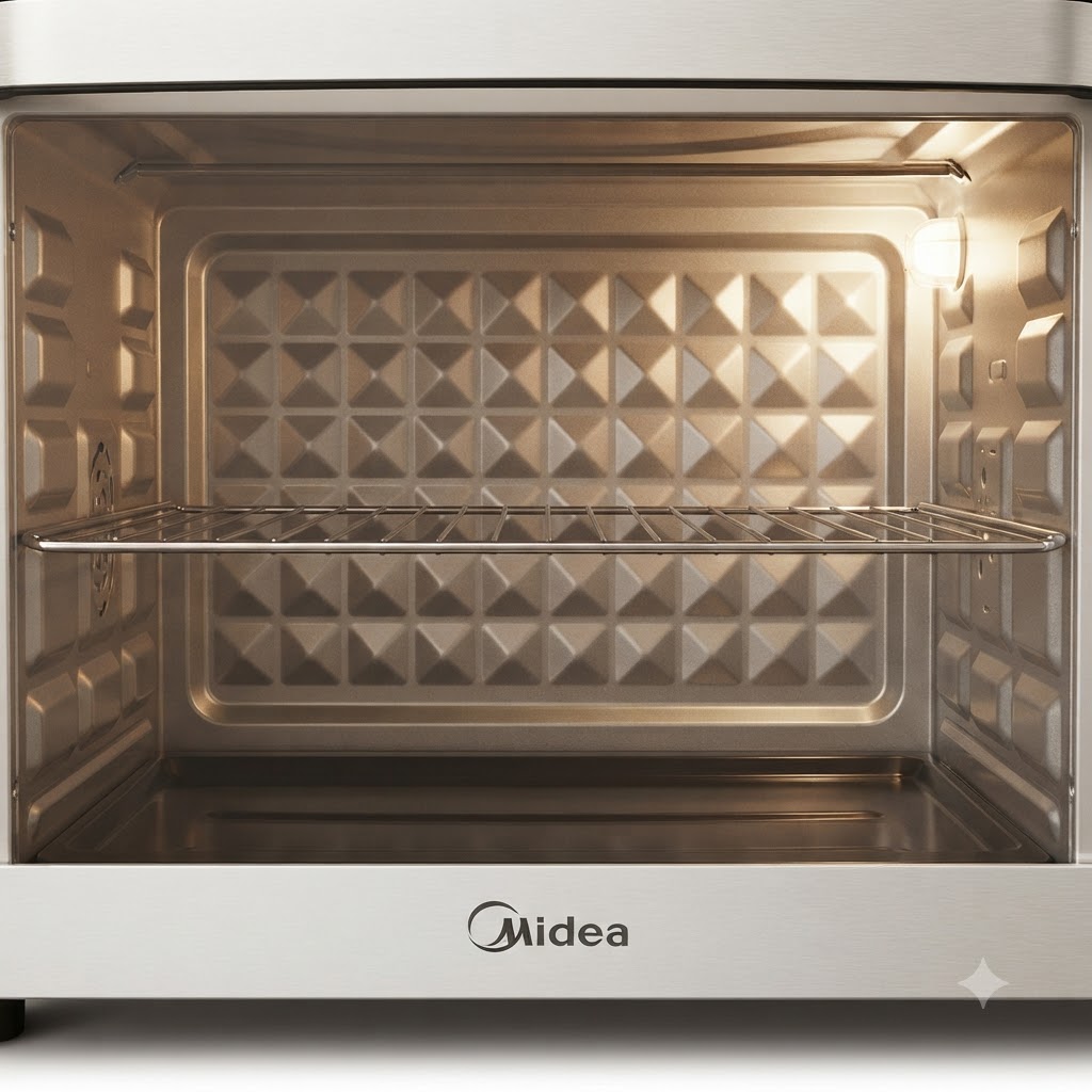 Un horno eléctrico vacío con la luz interior encendida, mostrando la rejilla y la colocación de la bandeja de horno en el interior.