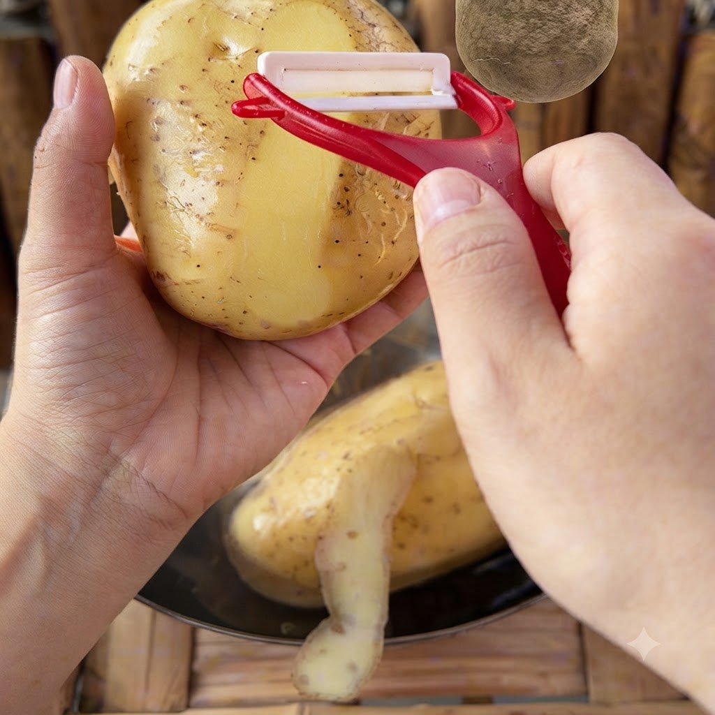 Una persona pelando una papa con un pelador de verduras rojo sobre un tazón de metal.