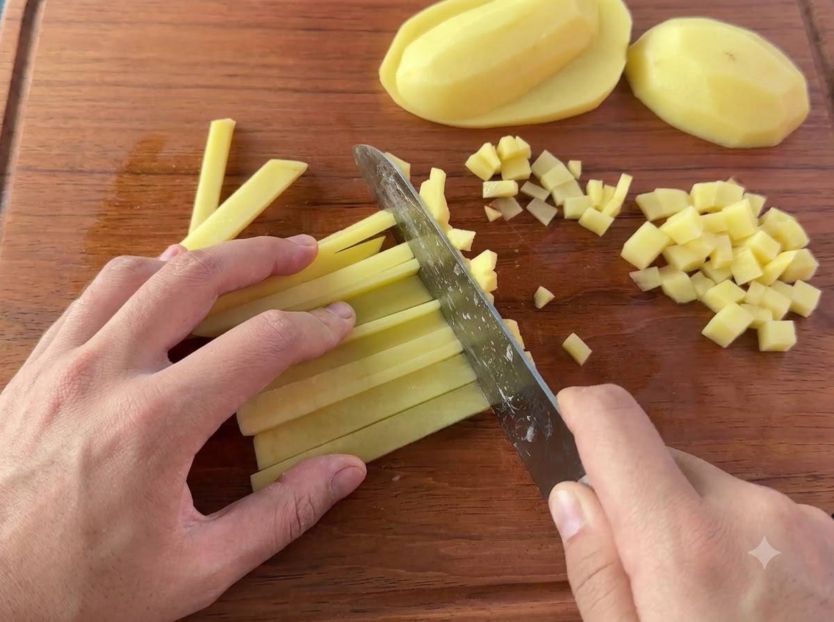 Un cuchillo rebanando y cortando papas peladas en cubos pequeños sobre una tabla de cortar de madera.