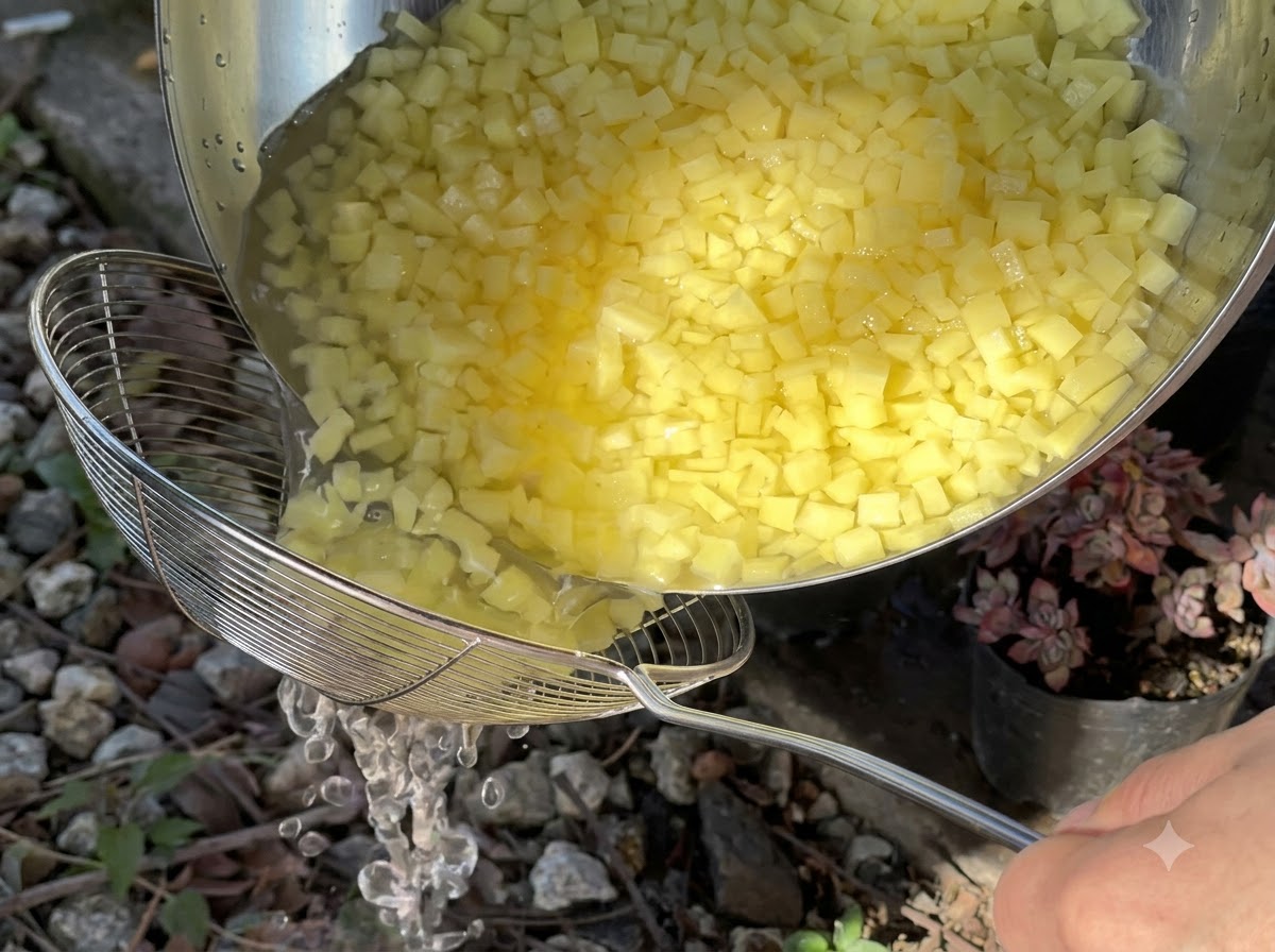 Cubos de papa húmedos siendo vertidos desde un tazón de metal hacia un colador de malla.