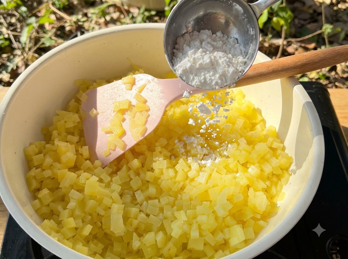 Almidón de maíz siendo vertido desde una cuchara medidora en una sartén de papas en cubos siendo mezcladas con una espátula rosa.